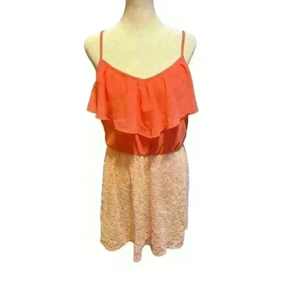 IZ Byer Women's Large V-Neck Coral Pink Flowy Dress with Lace Bottom Sleeveless - Picture 1 of 9